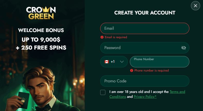 Register new Crown Green account with email and phone